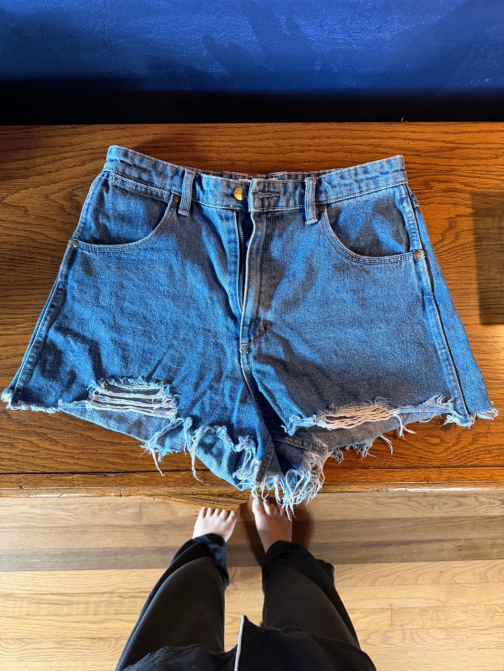 Wrangler Frayed Distressed Denim Shorts - Blue